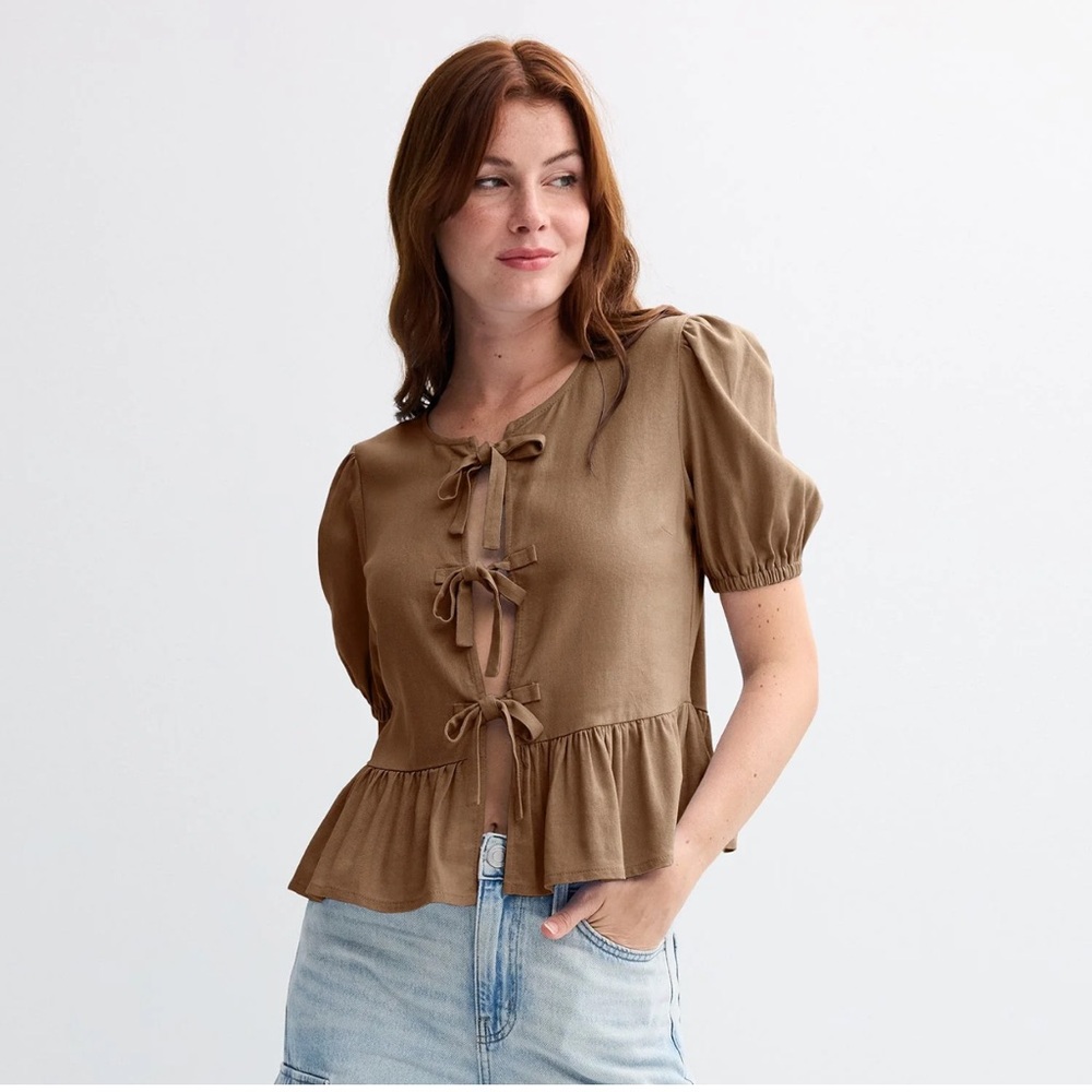 Liberty Love Love Tie Front Linen Blend Tan Puff Sleeve Peplum Blouse ๐